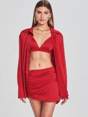New Seroya Retrofete Silk Skirt SET 3 Piece Blouse Shirt Red Dress Sapo Karry